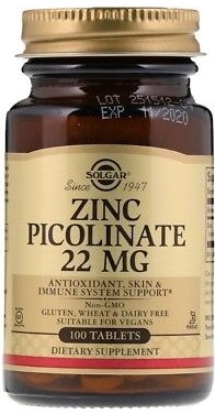 SOLGAR Zinc Picolinate 22mg, Συμπληρωμα διατροφης 100 Tabs