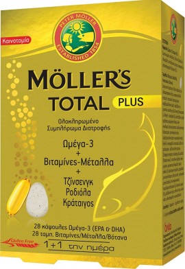Mollers Total Plus Συμπλήρωμα Διατροφής με Ωμέγα 3, Βιταμίνες, Μέταλλα & 3 Καταξιωμένα Βότανα - Για Ολοκληρωμένη Τόνωση του Οργανισμού, 28+28caps