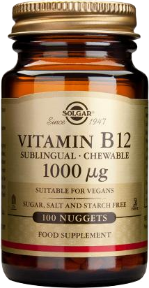 SOLGAR Vitamin B12 1000 μg Μασώμενα Δισκία Βιταμίνη B12 για την Ομαλή Λειτουργία του Νευρικού Συστήματος, 100nuggets