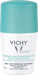 VICHY Deodorant 48h Intensive Anti-Perspirant Roll-On Φιλικό προς την Επιδερμίδα, Χωρίς Άρωμα, 50ml