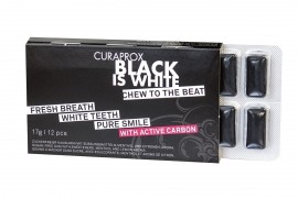CURAPROX Black is White Chew to the Beat, Τσίχλα για Λευκά Δόντια με Ενεργό Άνθρακα & Γεύση Λεμόνι - Μέντα, 12 Τεμάχια