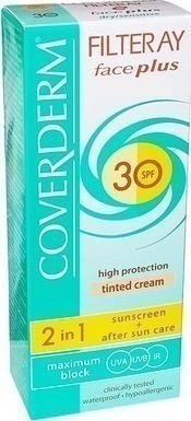 Coverderm  Filteray Face Plus 2 in 1 Tinted Sunscreen & After Sun Care,  Soft Brown ,30SPF Oily/Acneic, Αντηλιακή Κρέμα Προσώπου & After Sun  για Λιπαρές/Ακνεϊκές Επιδερμίδες, Απόχρωση Soft Brown, Για 3 τύπους ηλιακής ακτινοβολίας, UVA, UVB και IR, 50 ml