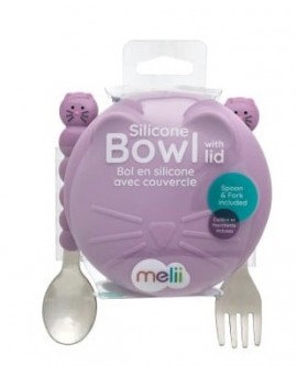 MeliiSilicone Snack Container 12+m  Φαγητοδοχειο απο σιλικονη με κουταλι και πηρουνι Μωβ 350 ml