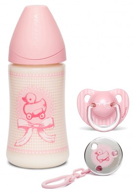 Suavinex Set TOYS Girl Μπιμπερό Πλαστικό PP 270ml με Ανατομική Θηλή Σιλικόνη ροής S1 και Πιπίλα 0-6m και Κλίπ