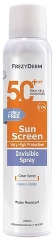 Frezyderm  Sun Screen Invisible Spray SPF50+, Αντηλιακό διάφανο spray προσώπου και σώματος, ανθεκτικό στο νερό, 200ml